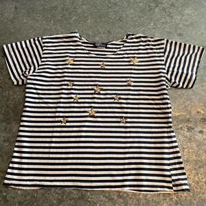 Vintage Gold Star Blue White Stripe Tee Shirt California Designers Womens M/L
